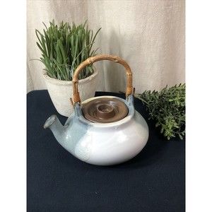 Vintage Ceramic Teapot with Bamboo Handle by Pottery Craft #460 in Blue /White